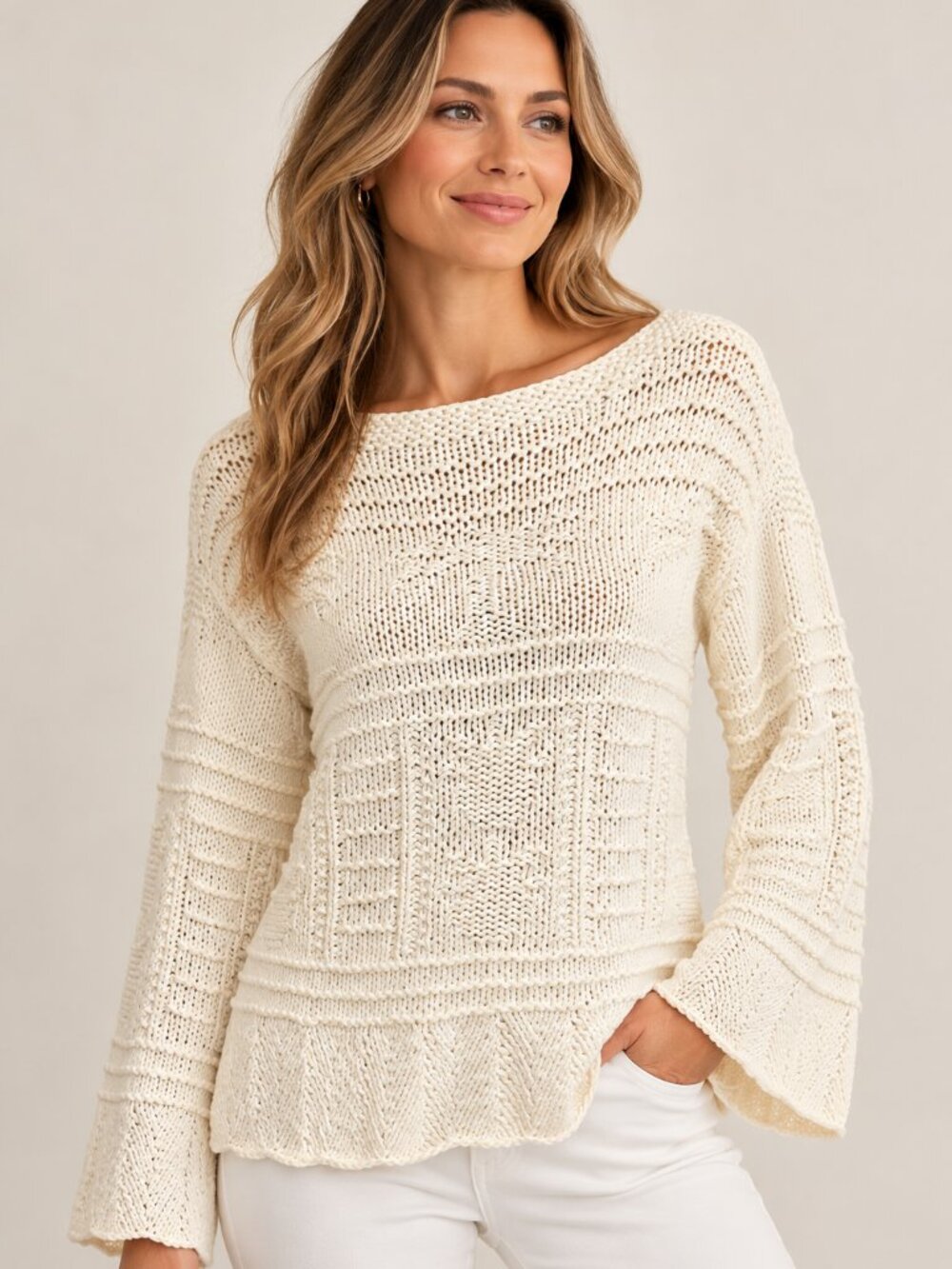 Tommy Bahama Ivory Open Knit Sweater Women M 8/10 Cotton Blend